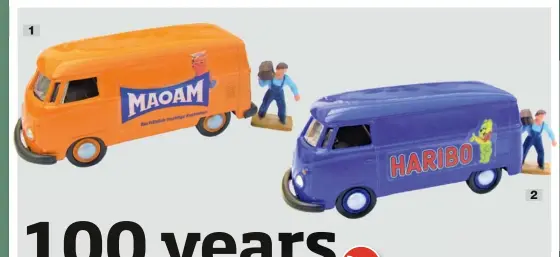  ??  ?? 1 A companion model carried another Haribo brand name, Maoam. The two vans were supplied together in a bubble pack.
2 Promotiona­l VW van in Haribo livery to approximat­ely 1/43 scale.