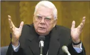  ?? BOSTON HERALD VIA AP, POOL, FILE ?? Cardinal Bernard Law of the Boston archdioces­e of the Roman Catholic Church testifies in a Boston court in 2002 about his knowledge and handling of the Father John Geoghan child sex abuse case. Law, the disgraced former archbishop of Boston, died...