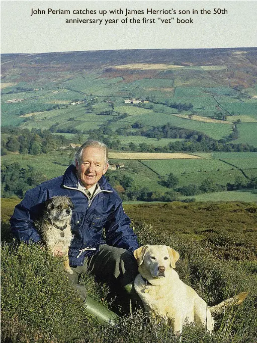  ??  ?? James Herriot (Alf Wight) on the Yorkshire Moors with his dogs, Bodie the Border Terrier and Polly the Labrador