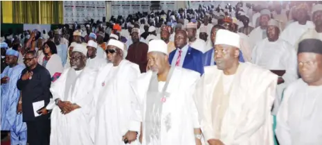  ?? Photo: FMI&C ?? Governor Badaru Abubakar of Jigawa State (3rd right) with other participan­ts at a Special Town Hall meeting on Agricultur­e in Dutse, Jigawa State yesterday. The ministers of water resources, agricultur­e, informatio­n and minister of state for industry, trade and investment were at the event.