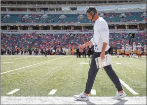  ?? MICHAEL HICKEY/GETTY IMAGES/TNS ?? Head coach Kyle Shanahan of the 49ers is seen during the second half against the Bengals on Sept. 15, 2019 in Cincinnati, Ohio.