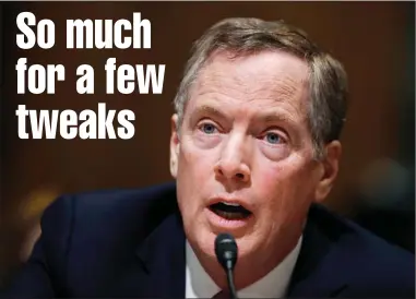  ?? The Canadian Press ?? Robert Lighthizer, U.S. President Donald Trump’s pick for trade secretary, testifies before the Senate finance committee during his confirmati­on hearing Tuesday on Capitol Hill in Washington. Lighthizer was urged to get tough with Canada.