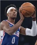  ?? MARY ALTAFER - THE ASSOCIATED PRESS ?? The 76ers will be without Josh Richardson, shooting a free throw against the Knicks last Saturday, for a little while. The guard strained his left hamstring in Wednesday’s loss to the Toronto Raptors and will be reevaluate­d in two weeks.