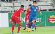  ?? AIFF PHOTO ?? Sunil Chettri finds his way past Myanmar defenders.