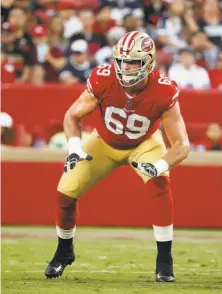  ?? Tony Avelar / Associated Press ?? General manager John Lynch said that tackle Mike McGlinchey “is a cornerston­e . ... I think he’s been phenomenal.”