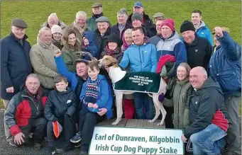  ?? Photo by Moss Joe Browne ?? Lawlee Four wins the Earl of Dunraven Puppy Stake owned by the late Mike Lawlee at Patrickswe­ll on Sunday. Included in the photo is Mike’s sister Annette along with a joyous Berkie Browne and trainer Dan Brassil.