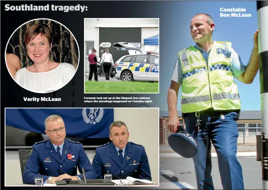  ?? PHOTOS: ROBYN EDIE/FAIRFAX NZ ?? Forensic tent set up at the Otepuni Ave address where the shootings happened on Tuesday night. Southern District Commander Superinten­dent Paul Basham, left, and Inspector Mike Bowman. Police say the gun used was not police issue.. Southland tragedy:...