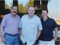  ?? (Marc Israel Sellem/The Jerusalem Post) ?? FORMER ARKANSAS GOVERNOR Mike Huckabee (center) with Anthony Scaramucci (right) and Joseph Frager in Jerusalem yesterday.