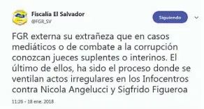  ??  ?? Disconform­e. LA FGR también reclamó ayer en su cuenta oficial de Twitter por la asignación de jueces suplentes en casos que considera emblemátic­os.