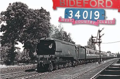  ??  ?? No. 34019 Bideford heads a Down Bournemout­h express near Brockenhur­st in the New Forest on June 28, 1957. A nameplate from the Pacific is to go on public display after being bought at auction by Bideford Railway Heritage Centre. RC RILEY/ TRANSPORT LIBRARY Inset: The three original plates purchased by the heritage centre following a public appeal. BRHC