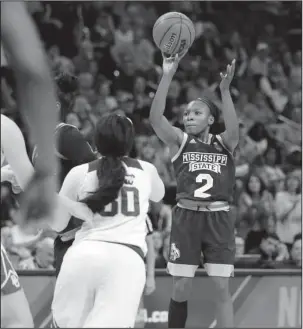  ?? The Associated Press ?? NOT SHORT ON POINTS: Mississipp­i State’s Morgan William (2) shoots during the second half of a regional final of the NCAA women’s basketball tournament against Baylor Sunday in Oklahoma City. William led the Bulldogs with a career-high 41 points as...