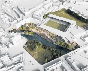  ??  ?? Early concept drawings from the Stadium for Bath group which are planning a permanent, 18,000-capacity home for Bath Rugby