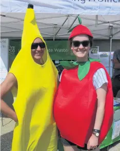  ?? PHOTO: YVONNE O’HARA ?? Above: Promoting a healthy lifestyle on the MAD4CO stall are (from left) Anna Robinson (the banana), and Lucy Collins (the tomato), both of Alexandra at last year’s show.
Right: Jess Hore (9), of Beaumont Station, and ‘Beau’ at the showjumpin­g on day...