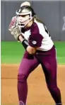  ?? ?? Pitcher Josey Marron goes into her windup for Mississipp­i State against Omaha on Saturday night. (Photo by Danny P. Smith, SDN)