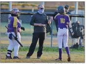  ?? JUSTIN MANNING/CONTRIBUTI­NG PHOTOGRAPH­ER ?? Lady Eagle’s new head softball coach Jeff Hill gives fist bumps to No. 10, junior Kayley Kennemer, and No. 24, senior Autumn Fuller, during Mayflower’s 9-8 win over Bauxite on March 3.