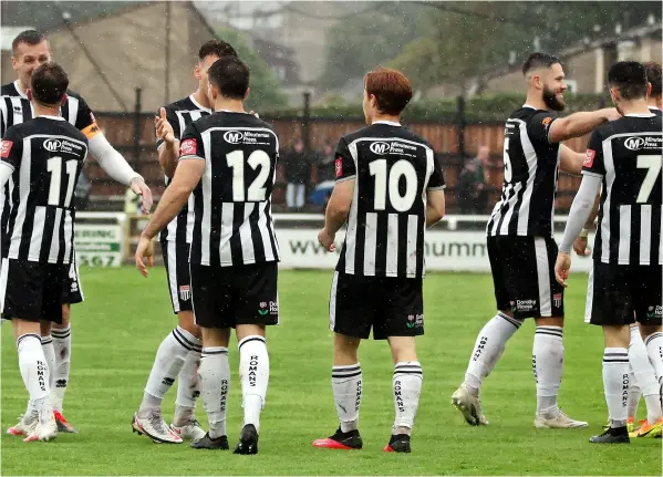  ?? ?? Bath City celebrate one of their five goals