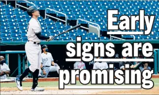  ?? AP ?? POWERFUL START: Giancarlo Stanton watches the flight of his two-run, first-inning homer against the Nationals’ Max Scherzer in Thursday night’s opener.