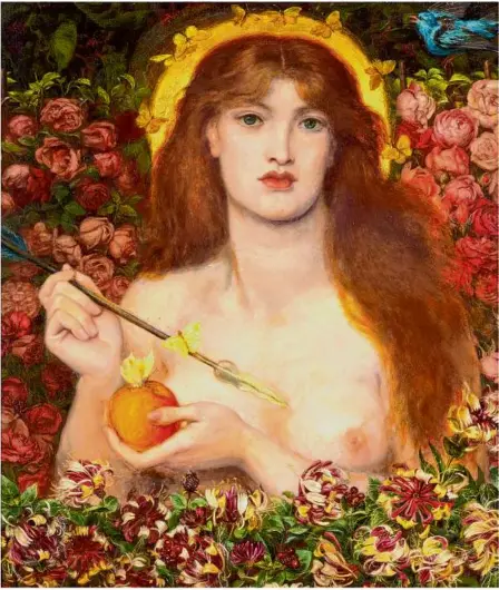  ?? ?? Eingebette­t in Rosen, die Lust und Liebe symbolisie­ren, aber mit Heiligensc­hein: Dante Gabriel Rossettis Gemälde „Venus Verticordi­a“aus dem viktoriani­schen England (1864-1868 gemalt).