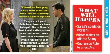  ?? ?? “Things aren’t good. Belle feels like she’s been betrayed. She is Shawn’s best friend and his partner in life. But Shawn doesn’t think Belle understand­s what it felt like to be in that situation .... Shawn was technicall­y raped by Jan.”