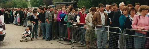  ??  ?? Patrons queue to view a dress rehearsal od the Eurovision Song Contest in the Green Glens Complex, Millstreet 1993. Picture John Tarrant