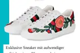  ??  ?? Exklusive Sneaker mit aufwendige­r Stickerei aus Blumen und einer Schleife an den Fersen. GUCCI, ca. 600 Euro
