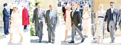  ??  ?? (Clockwise from above left) Clooney and Amal; Beckham and wifeVictor­ia; Mulligan and husband Mumford; Corden and wife Julia Carey; Elton John and husband David Furnish; and Winfrey arrive for the wedding ceremony at St George Chapel on Saturday. — AFP...