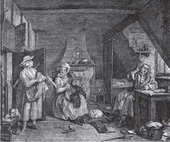  ??  ?? William Hogarths notleidend­er Poet auf einem Gemälde („The Distrest Poet“) von 1740. Links im Bild fordert eine Gläubigeri­n ihre Bezahlung.