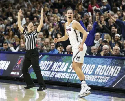  ?? JESSICA HILL — THE ASSOCIATED PRESS ?? UConn’s Kia Nurse reacts after hitting a 3-pointer in the first half against Syracuse on Monday in Storrs.