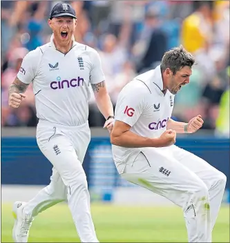  ?? ?? England’s Jamie Overton (right) celebrates the wicket of New Zealand’s Tom Latham at Headingley