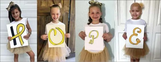  ?? (COURTESY OF JOHN HOPKINS ALL CHILDREN’S HOSPITAL VIA AP) ?? This photo combo provided by the Johns Hopkins All Children’s Hospital shows Chloe Grimes, McKinley Moore, Avalynn Luciano and Lauren Glynn spelling the word “Hope” with drawings of ribbon in gold, the color that symbolizes the fight against cancer in the young, in their respective homes in Florida, Sept. 19, 2020. When the coronaviru­s pandemic descended, the girls’ moms realized an in-person reunion this year was out of the question and organized a virtual meetup.