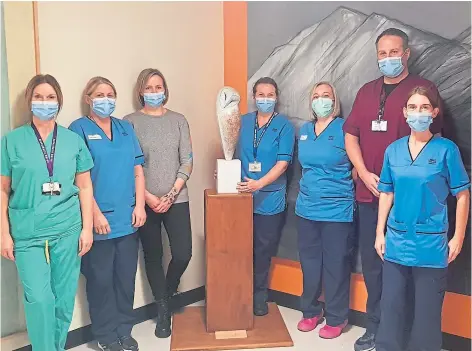  ?? ?? SYMBOL: Members of the NHS team at Ninewells Hospital with the owl sculpture, designed by Anthony Theakston.