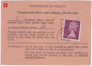  ?? ?? Fig. 3: Larger certificat­es of posting were used from 1970, with spaces for multiple addresses on the back