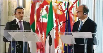  ??  ?? ROME: Italy’s Foreign Minister Angelino Alfano (right) speaks during a joint press conference with his UAE counterpar­t Sheikh Abdullah bin Zayed Al-Nahyan.