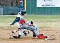  ?? Photo by Kevin Sutton ?? ■ Texas A&M University-Texarkana’s Cole Beckham steals second base during Game 1 of the doublehead­er against Friends University on Friday at George Dobson Field. The Eagles won the game, 7-5.