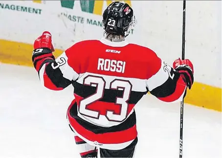  ?? ALEX PILOTTE ?? Marco Rossi of the Ottawa 67’s celebrates after scoring one of his two goals in a 4-1 victory over the Spitfires Friday at TD Place in Ottawa.