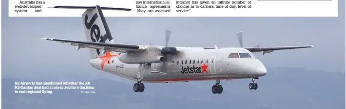  ?? Photo / File ?? NZ Airports has questioned whether the Air NZ-Qantas deal had a role in Jetstar’s decision to end regional flying.