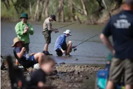  ?? Bowers/The Guardian ?? Fishers line the banks of the Narrabri Creek at the Namoi Carp Muster. Photograph: Mike