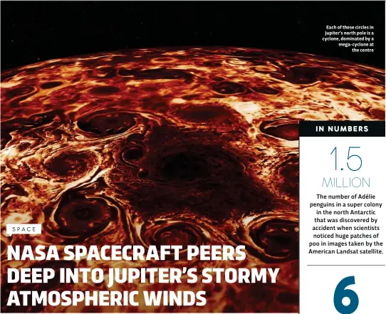  ??  ?? Each of these circles in Jupiter’s north pole is a cyclone, dominated by a mega- cyclone at the centre