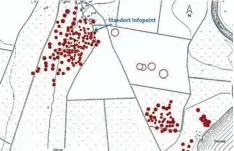 ??  ?? Diese Karte der Stadtverwa­ltung Bad Wörishofen zeigt die Lage der Hügelgräbe­r bei Schlingen (rot markiert) und den Standort der Infoplattf­orm.