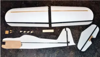  ??  ?? Here are all the basic parts for the Zero. The foam wing cores are available commercial­ly, the sheet foam fuselage, tail surfaces, and ailerons are all made from your choice of sheet foam. I use Depron but insulation foam also can be used.