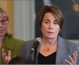  ?? NANCY LANE — BOSTON HERALD ?? Gov. Maura Healey speaks to the media after Monday’s Leadership meeting.