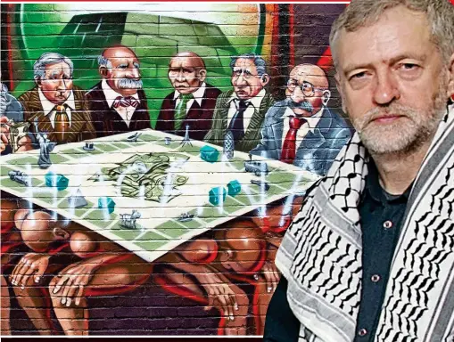  ??  ?? CLEARLY OFFENSIVE: The mural that was to plunge the Labour leader into yet another anti-Semitism row last year. Right: Corbyn at an event in 2009 held by organisers protesting against Israeli military action in Gaza