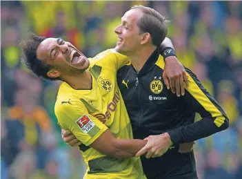  ?? FOTO: THISSEN/DPA ?? Pierre-Emerick Aubameyang wird kommende Woche wohl seinen Abschied von Borussia Dortmund verkünden. Sein Trainer Thomas Tuchel sagt vor dem Pokalfinal­e: „Er soll noch einmal treffen. Am besten zum Sieg.“