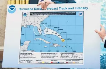  ?? ERIN SCHAFF/THE NEW YORK TIMES 2019 ?? Then-President Trump holds an outdated chart of Hurricane Dorian’s expected path.