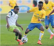  ?? Picture: GALLO IMAGES ?? BEST FOOT FORWARD: Marothi Diale, left, of Platimun Stars is tackled by Teko Modise of Mamelodi Sundowns during yesterday’s MTN8 quarterfin­al