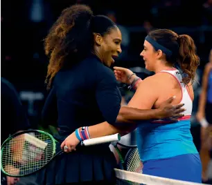  ??  ?? Serena Williams greets Marion Bartoli of France during the Tie Break Tens New York tournament featuring eight of the tour’s top female players competing for the $250,000 winner’s prize.