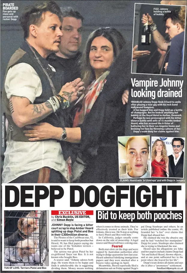  ??  ?? PIRATE BOARDED Fan gets up close and personal with rocker Depp FIZZ: Johnny holding a bottle of bubbly