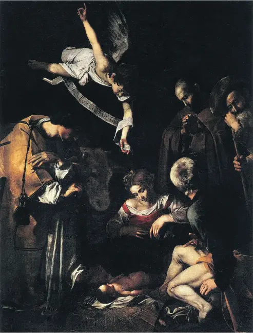  ??  ?? Nativity with St. Francis and St. Lawrence, circa 1609, was painted by the Italian Baroque master Caravaggio. Its theft in 1969 from the Oratory of San Lorenzo in Palermo, Sicily, is number 2 on the FBI’s list of top 10 art crimes.