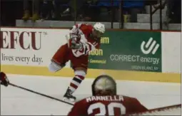  ?? BY JOE BOYLE ?? Ottoville Leppänen takes a shot on St. Lawrence’s Daniel Mannella on November 3 at the Houston Field House.