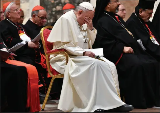  ?? VINCENZO PINTO / ASSOCIATED PRESS FILE (2019) ?? Pope Francis attends a penitentia­l liturgy at the Vatican in February 2019. Five years ago this week, Francis convened an unpreceden­ted summit of bishops from around the world to impress on them that clergy abuse was a global problem and they needed to address it.